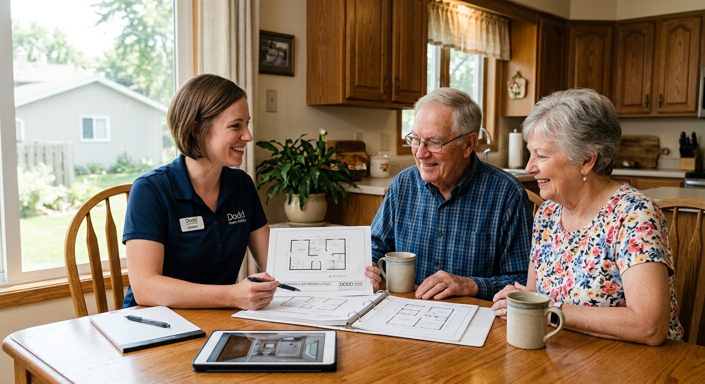 Dodd Home Safety team member consulting with senior homeowners about accessible bathroom remodel options in Kimberly, WI
