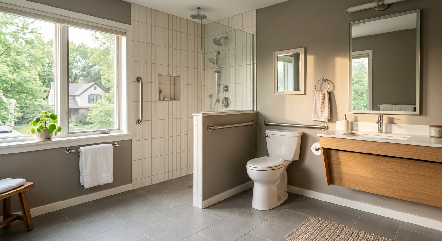 Accessible bathroom remodel with walk-in shower and grab bars in Kimberly, WI