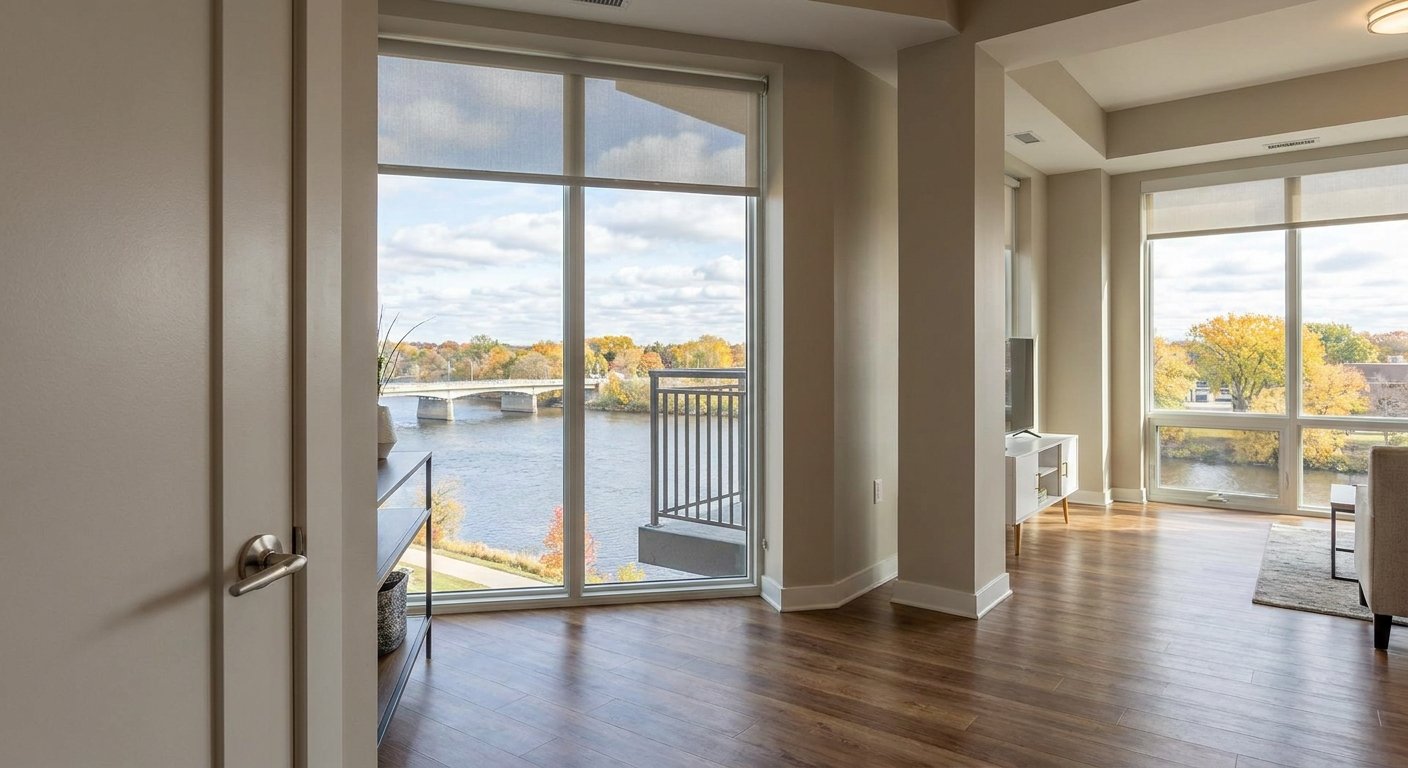 Stylish lever handle on an accessible apartment door near the Fox River at The Cedars in Kimberly WI