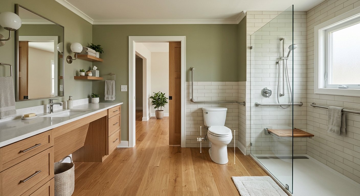 ADA compliant bathroom remodel with roll-under vanity and widened doorway in the Fox Valley near Kimberly, WI
