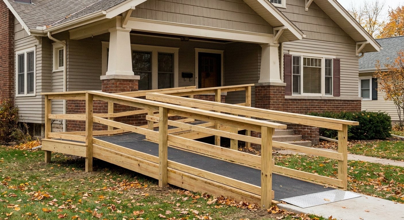 ADA compliant wheelchair ramp slope at a Kimberly, WI home showing proper 1:12 rise to run ratio with handrails on both sides