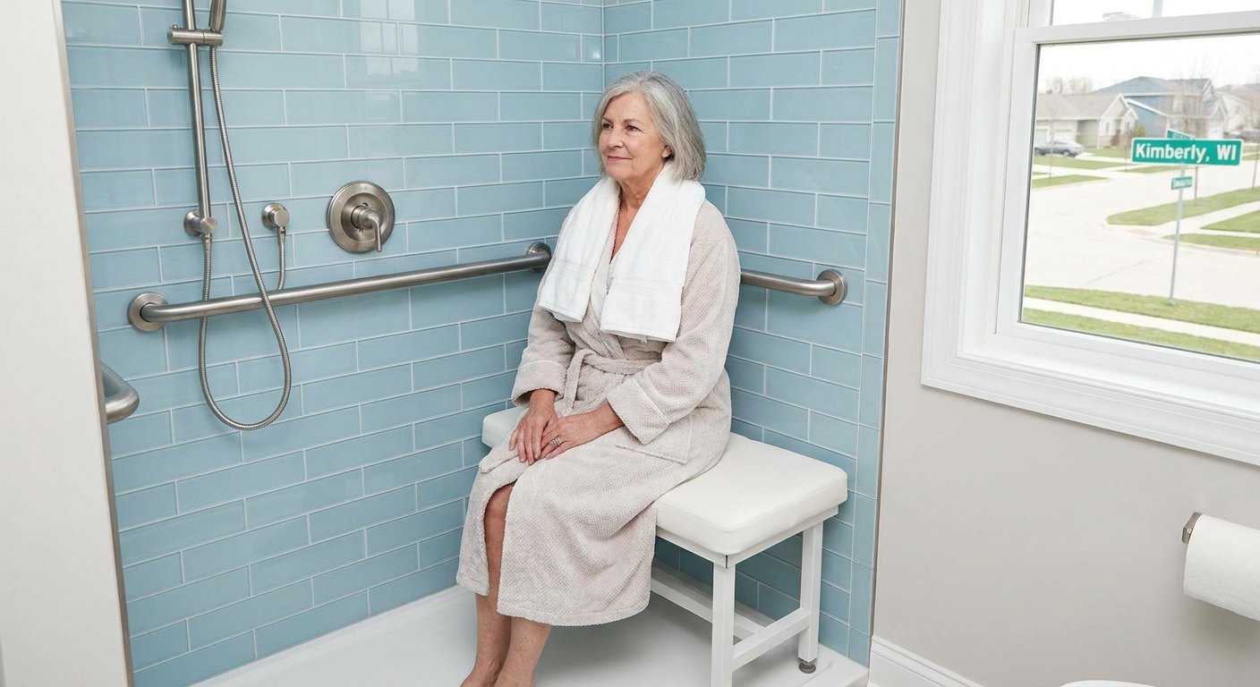 Senior seated safely on ADA compliant shower bench with grab bars in Kimberly, WI bathroom