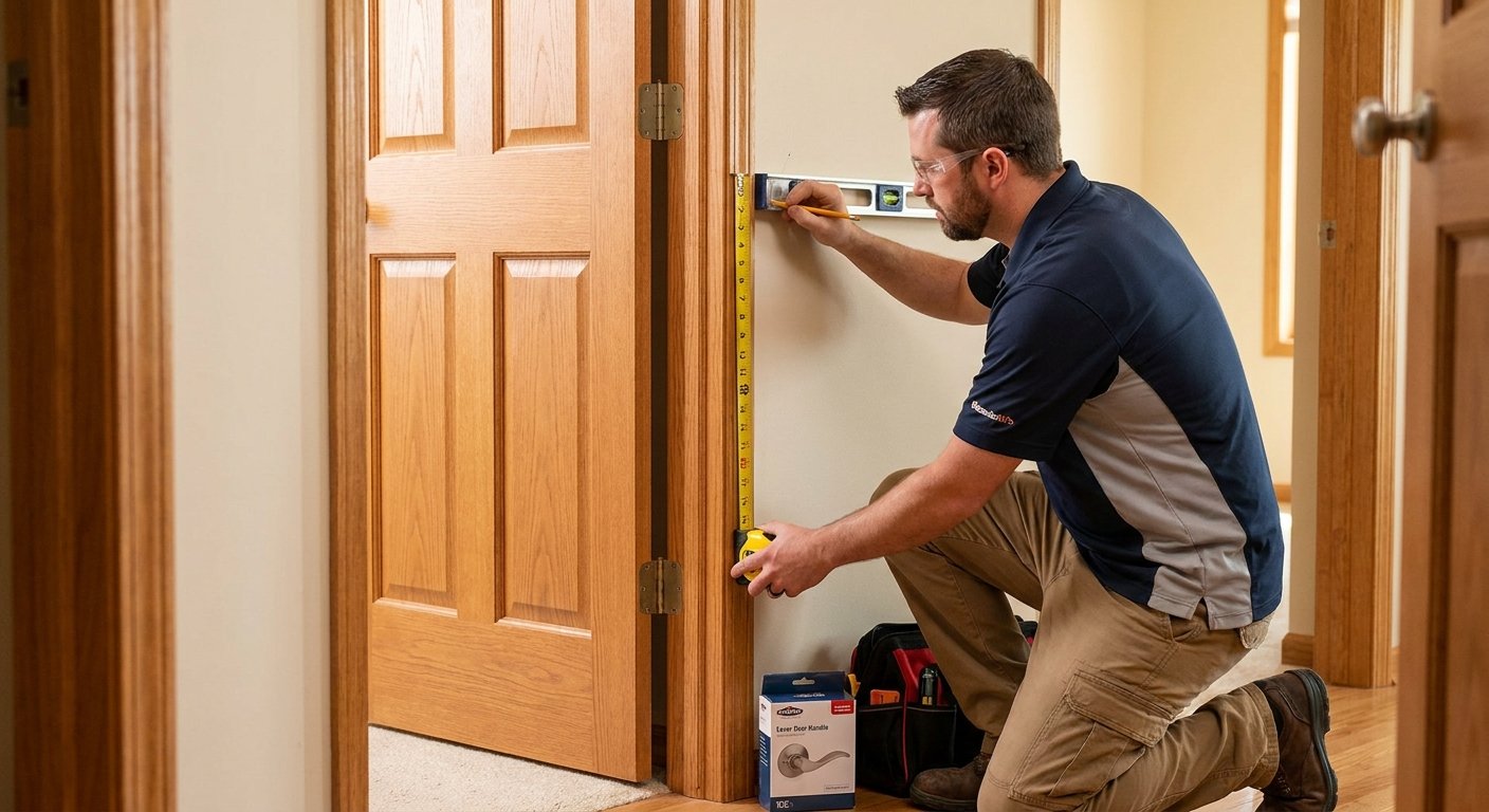 Contractor measuring ADA-compliant lever handle mounting height on interior door in Kimberly WI home
