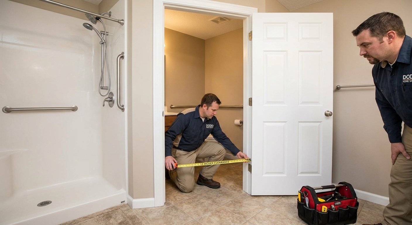 Contractor testing swing clear offset hinge door clearance with tape measure during installation in Kimberly, WI home