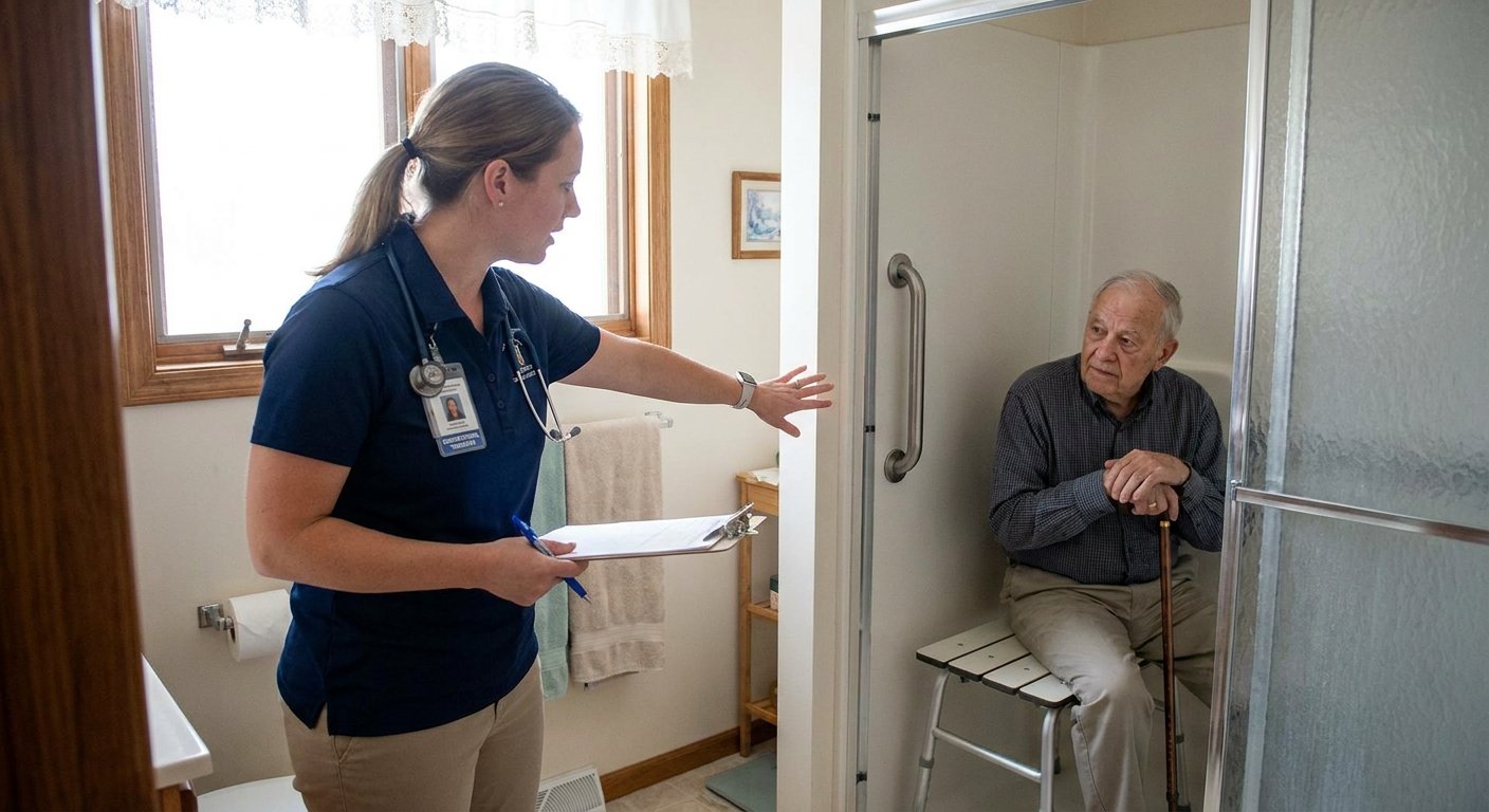 Licensed occupational therapist assessing grab bar placement for adaptive home safety equipment in Kimberly WI bathroom