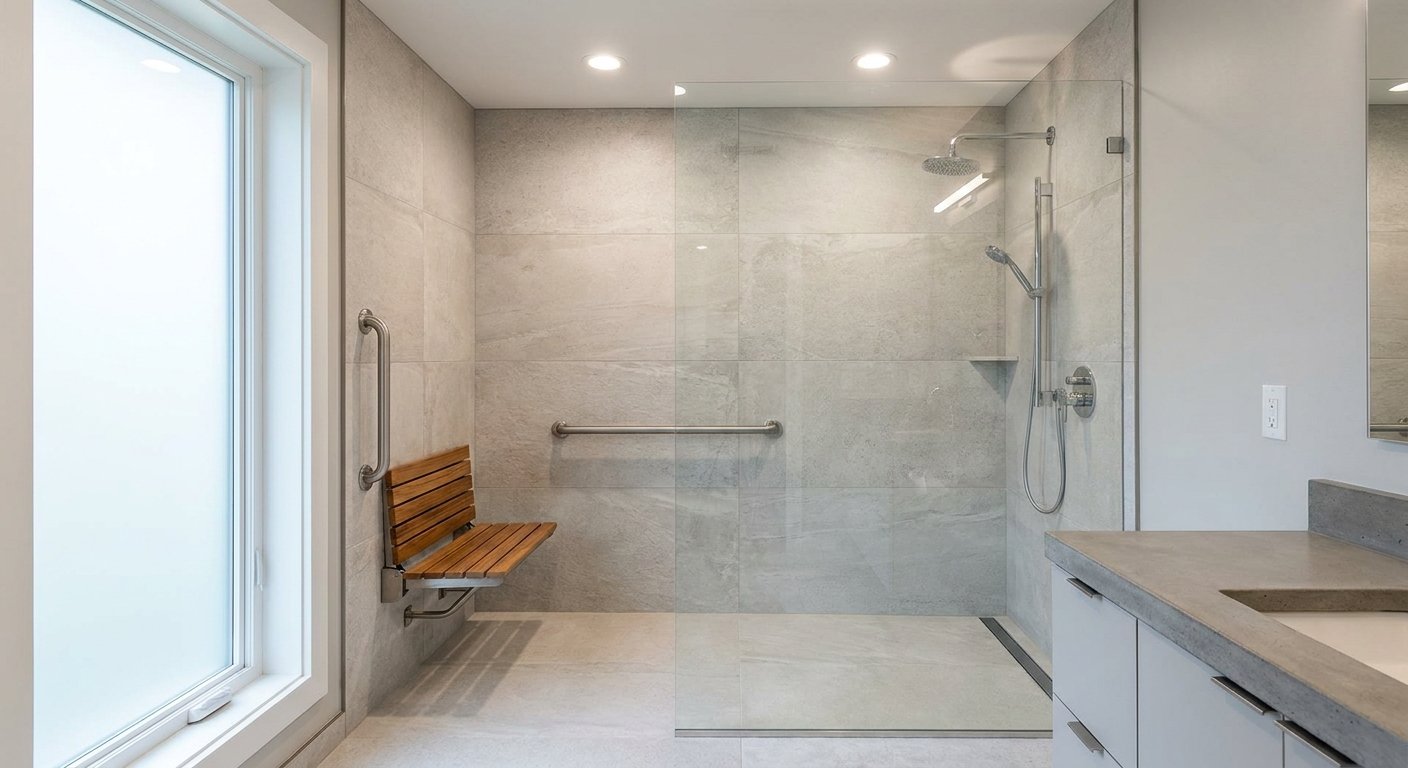 Adaptive safety equipment including roll-in shower and grab bars installed in a Kimberly, WI home