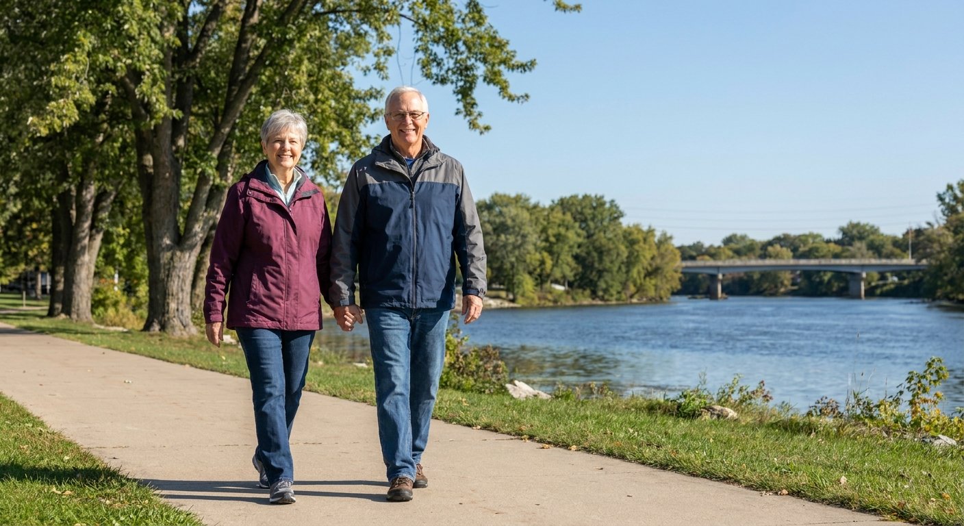 Senior couple walking near Sunset Park along the Fox River in Kimberly WI