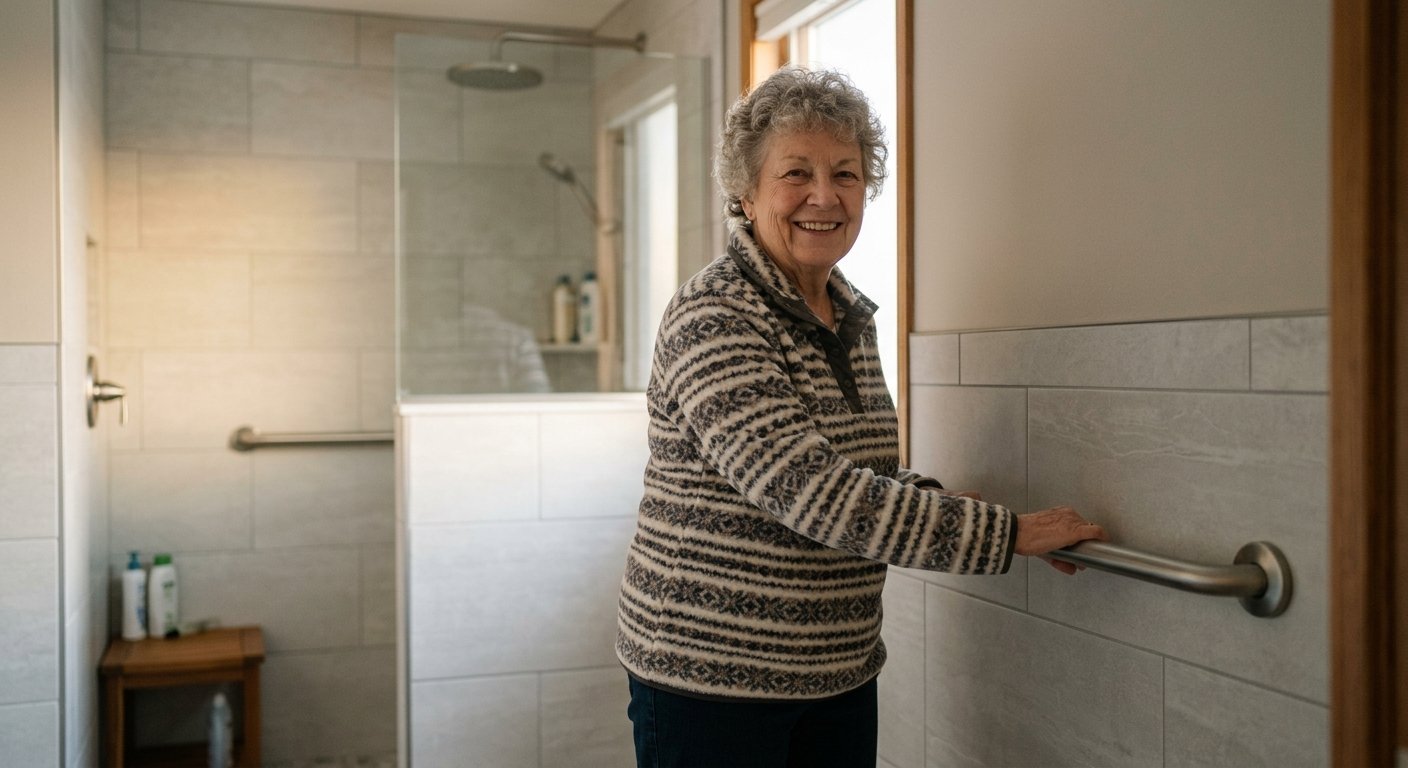 Senior woman using grab bar in remodeled bathroom by aging in place contractor in Kimberly, WI