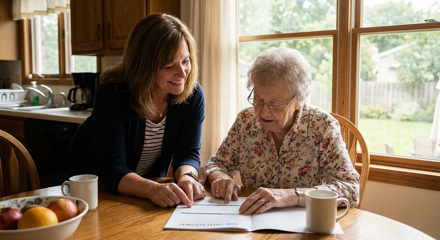 Adult daughter and elderly mother reviewing home safety assessment report together in Kimberly WI