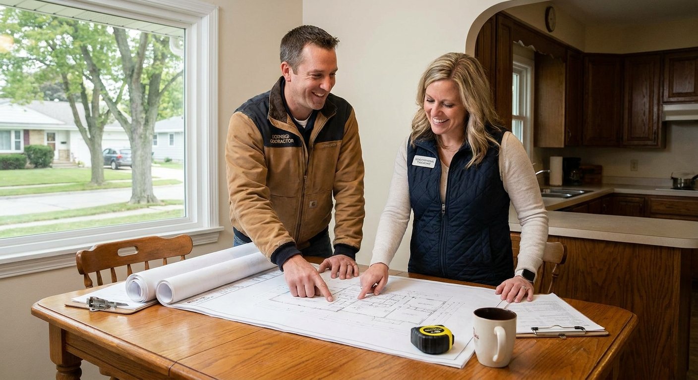 Licensed therapist and contractor reviewing aging in place home evaluation plans in Kimberly, WI