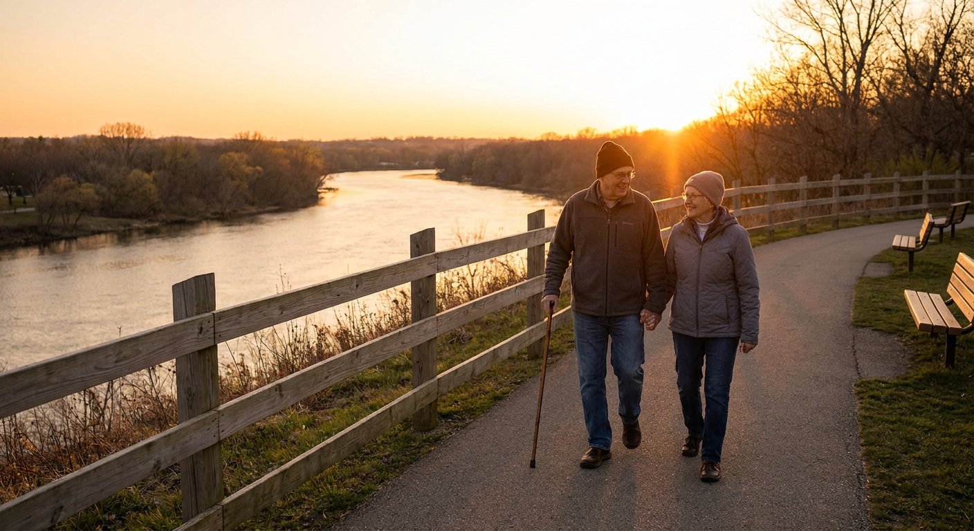 Senior couple enjoying the Fox River overlook at Treaty Park in Kimberly, WI, representing the independence that home safety modifications support