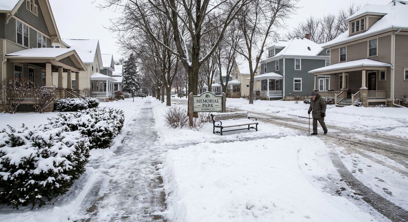 Older Kimberly WI neighborhood homes in winter near Memorial Park illustrating indoor fall risk for seniors
