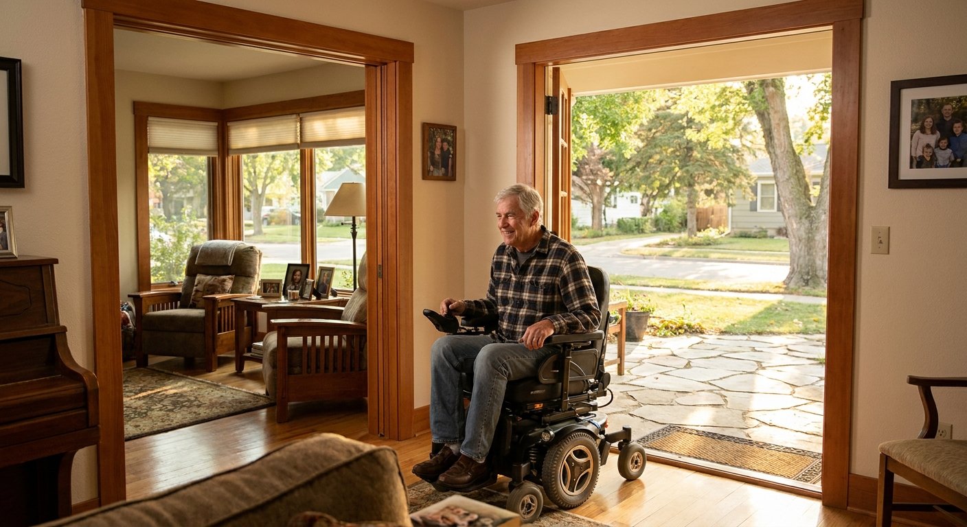 Senior man independently navigating wheelchair through accessible doorway after offset hinge installation in Kimberly, WI