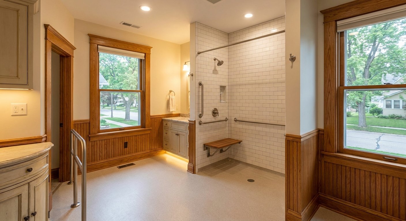 Accessible roll-in shower bathroom remodel as part of aging in place solutions in Kimberly WI older home