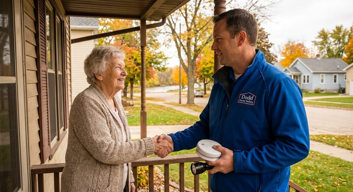 Dodd Home Safety professional meeting senior homeowner for anti-slip flooring treatment appointment in Kimberly WI