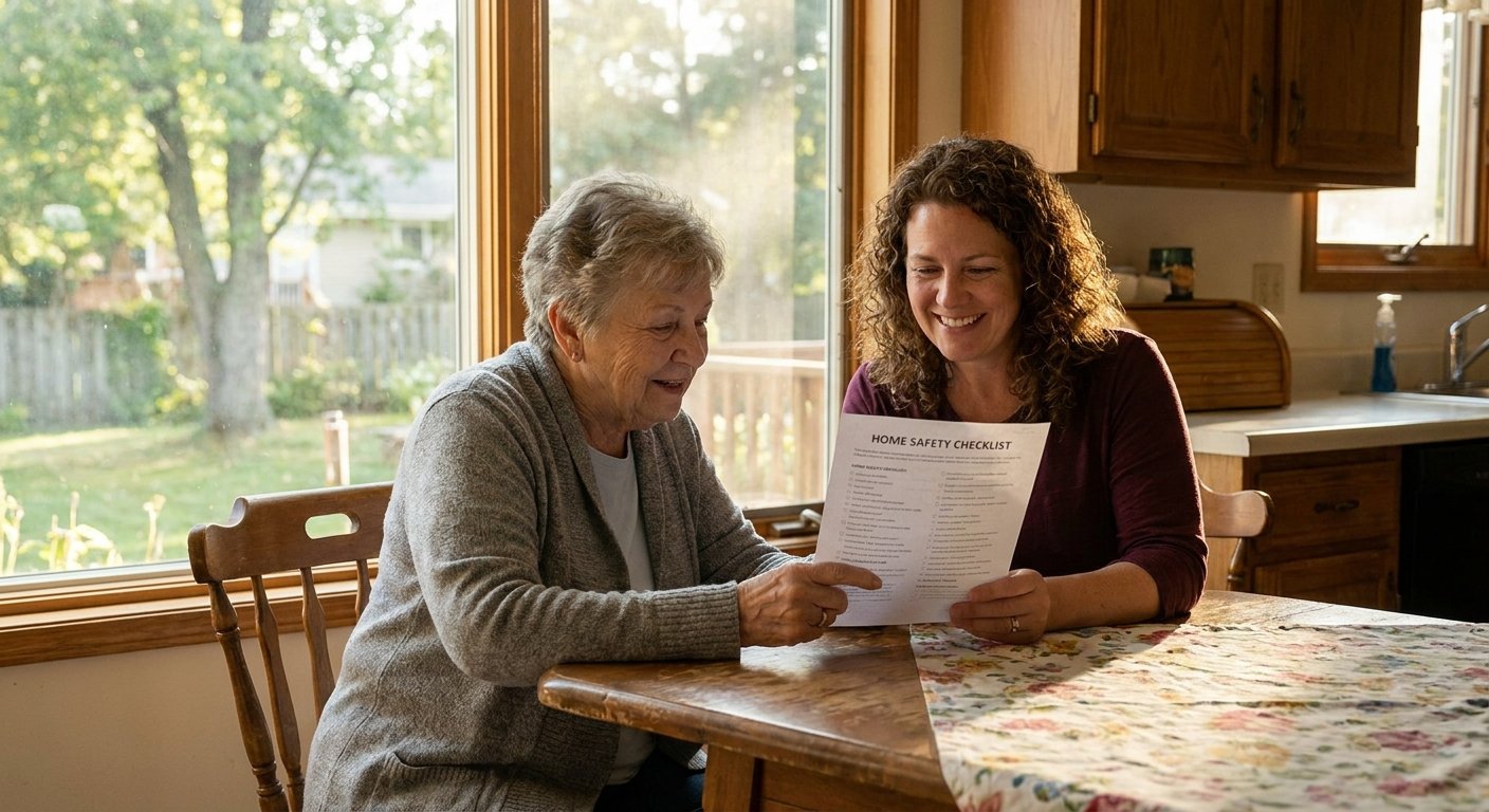 Family caregiver and senior mother reviewing anti-slip flooring treatment plan in Kimberly WI home