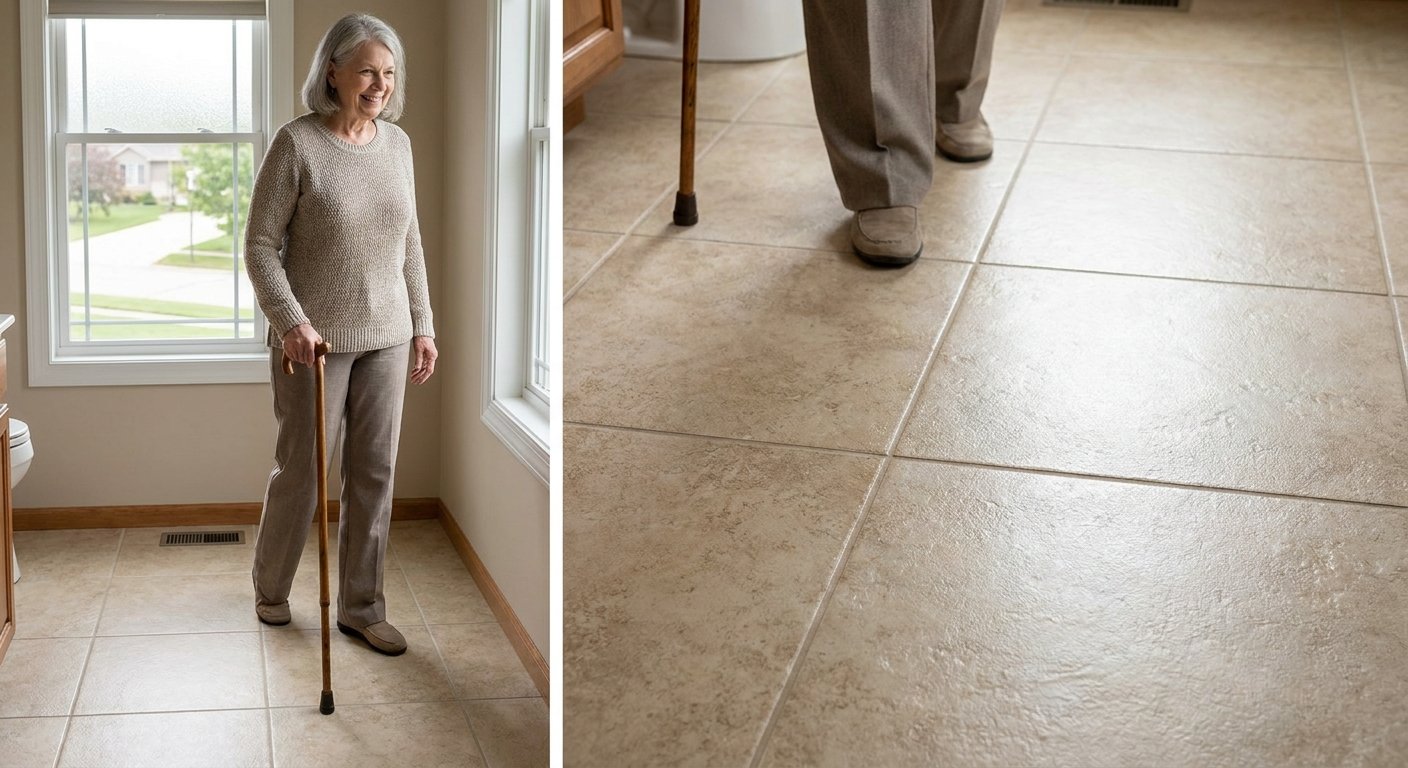Senior woman walking safely on slip-resistant bathroom tile in Kimberly WI home
