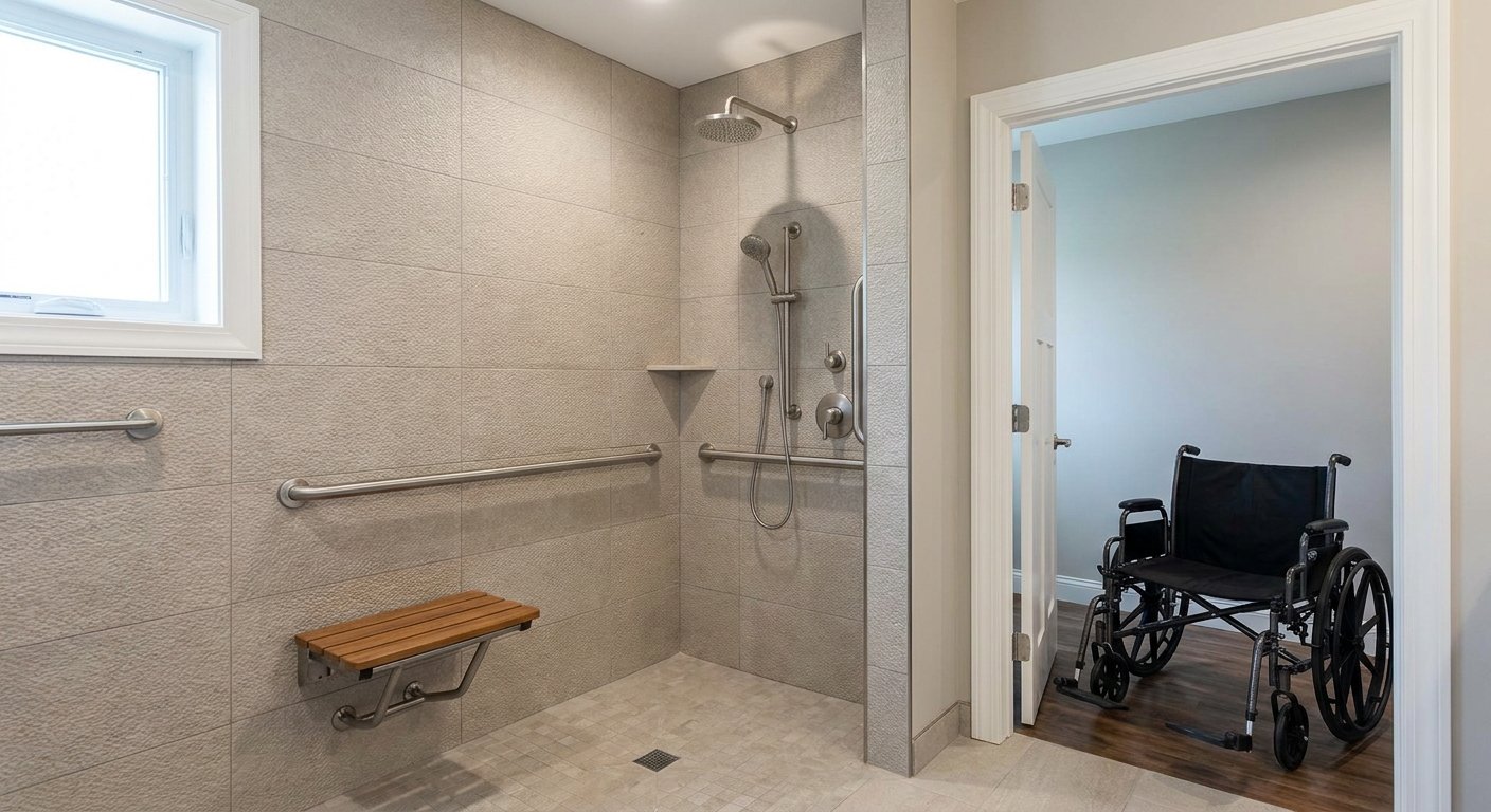 Barrier-free roll-in shower with grab bars and fold-down seat installed in a veteran's home in Kimberly, WI