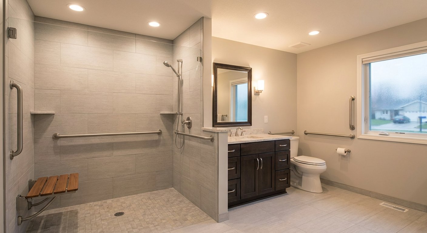 Senior-safe bathroom with slip-resistant tile treatment and grab bars in Kimberly WI home