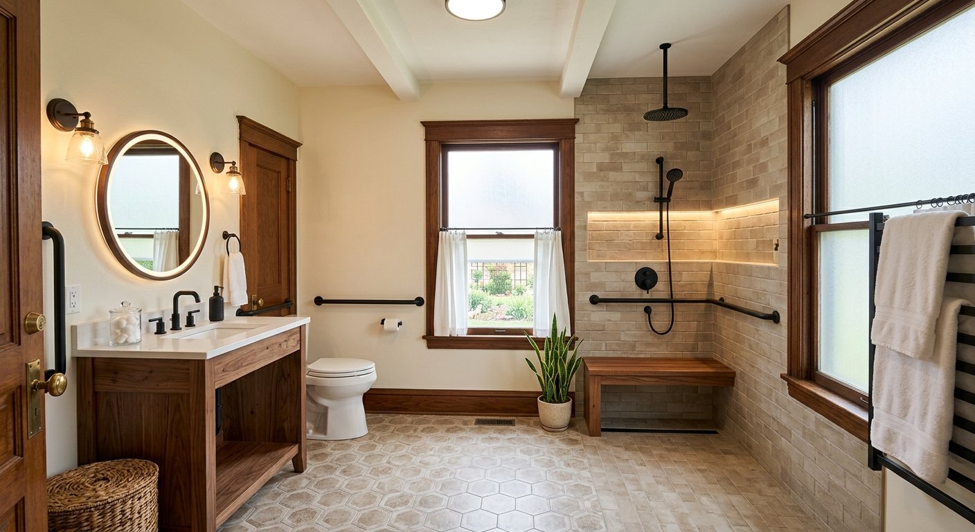 Completed accessible bathroom remodel with walk-in shower and ADA fixtures inside a historic Kimberly, WI home by Dodd Home Safety
