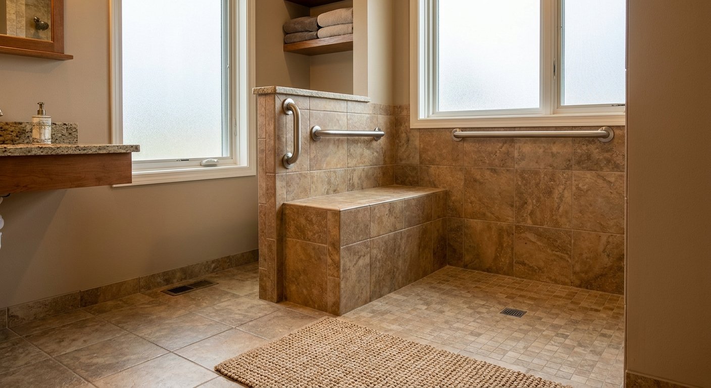 Completed shower bench installation with grab bars and non-slip flooring in Kimberly, WI aging in place bathroom