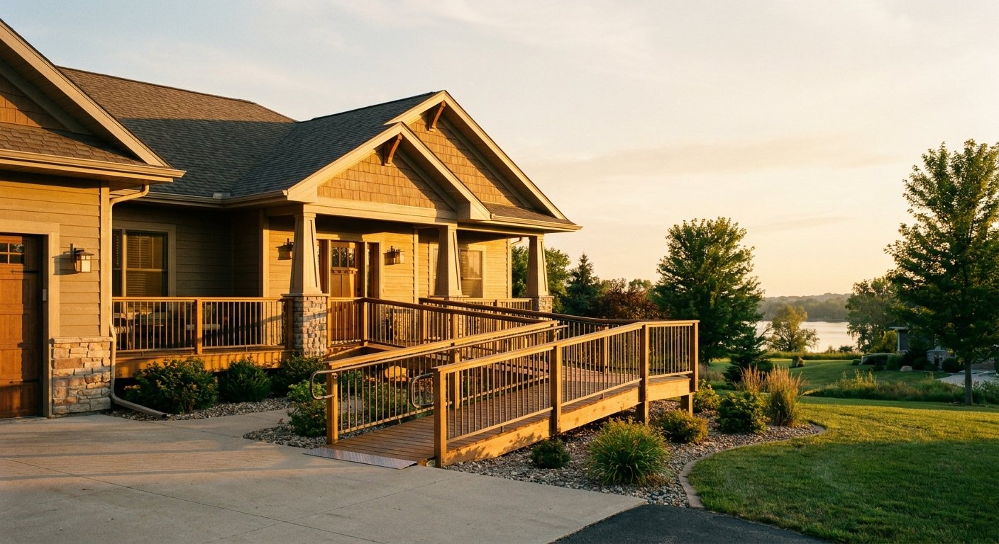Accessible home with new ramp and railing in Kimberly WI with Fox River in background served by Dodd Home Safety