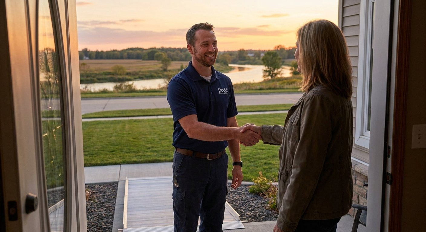 Dodd Home Safety team member with satisfied homeowner at completed threshold ramp installation in Kimberly WI