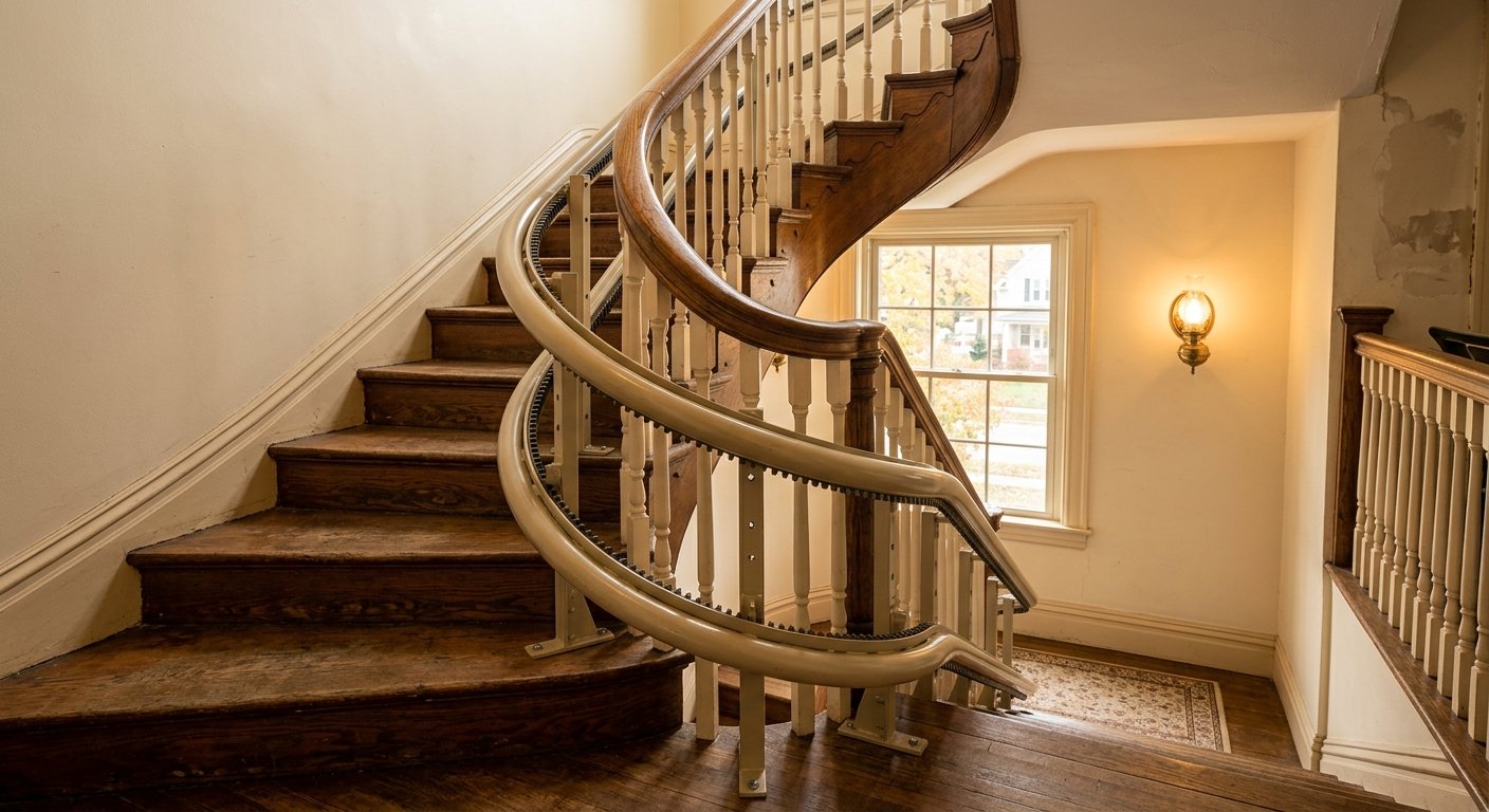 Custom curved stairlift track installed on a winding staircase in an older Kimberly, WI home near Roosevelt Park