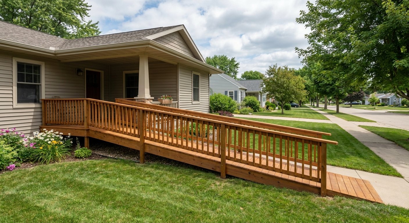 Custom wheelchair ramp installed at a Kimberly, WI home by Dodd Home Safety licensed contractors