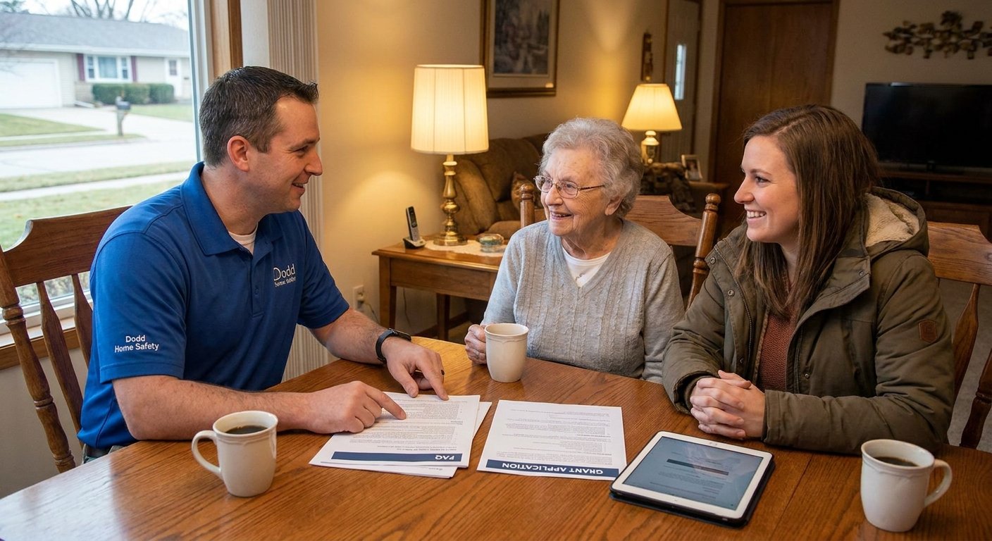 Dodd Home Safety team member reviewing disability equipment funding options and FAQ with Kimberly WI senior homeowner