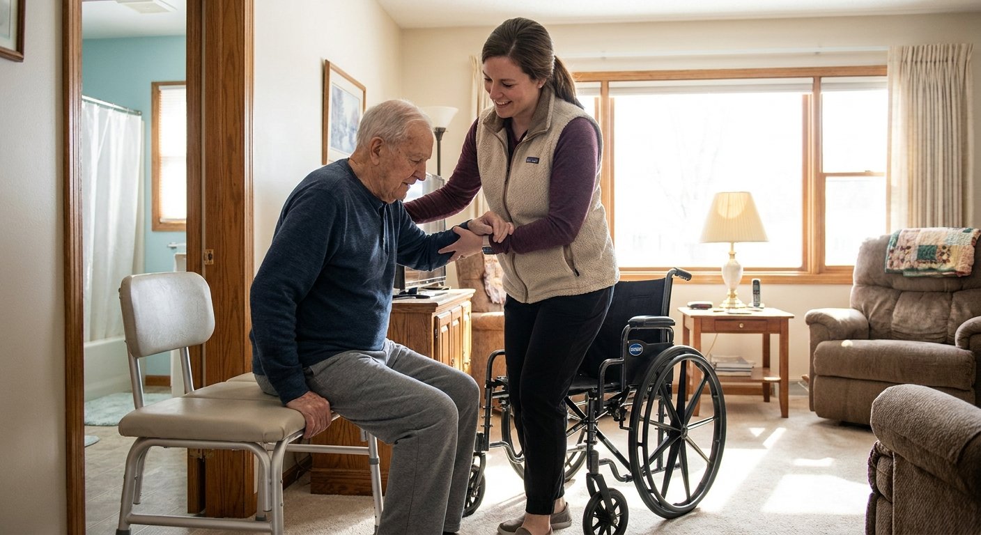 Occupational therapist helping a senior with a wheelchair transfer at a Kimberly WI home — Dodd Home Safety