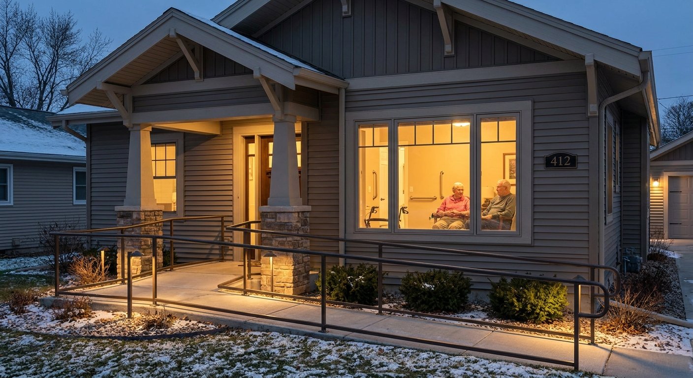 Kimberly WI home at dusk representing the safety and comfort of aging in place with Dodd Home Safety toilet modifications