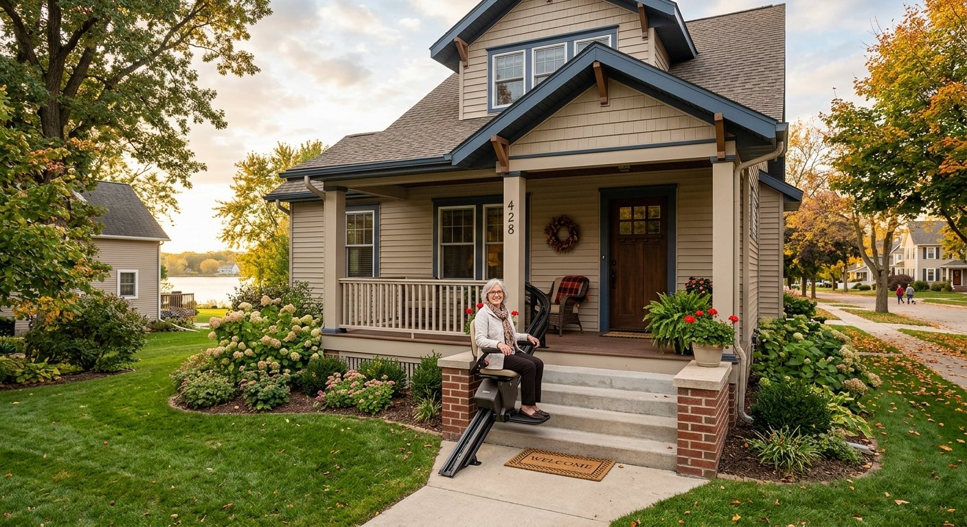 Classic Kimberly, WI home exterior near the Fox River with a Dodd Home Safety outdoor stairlift installation on the front entry steps