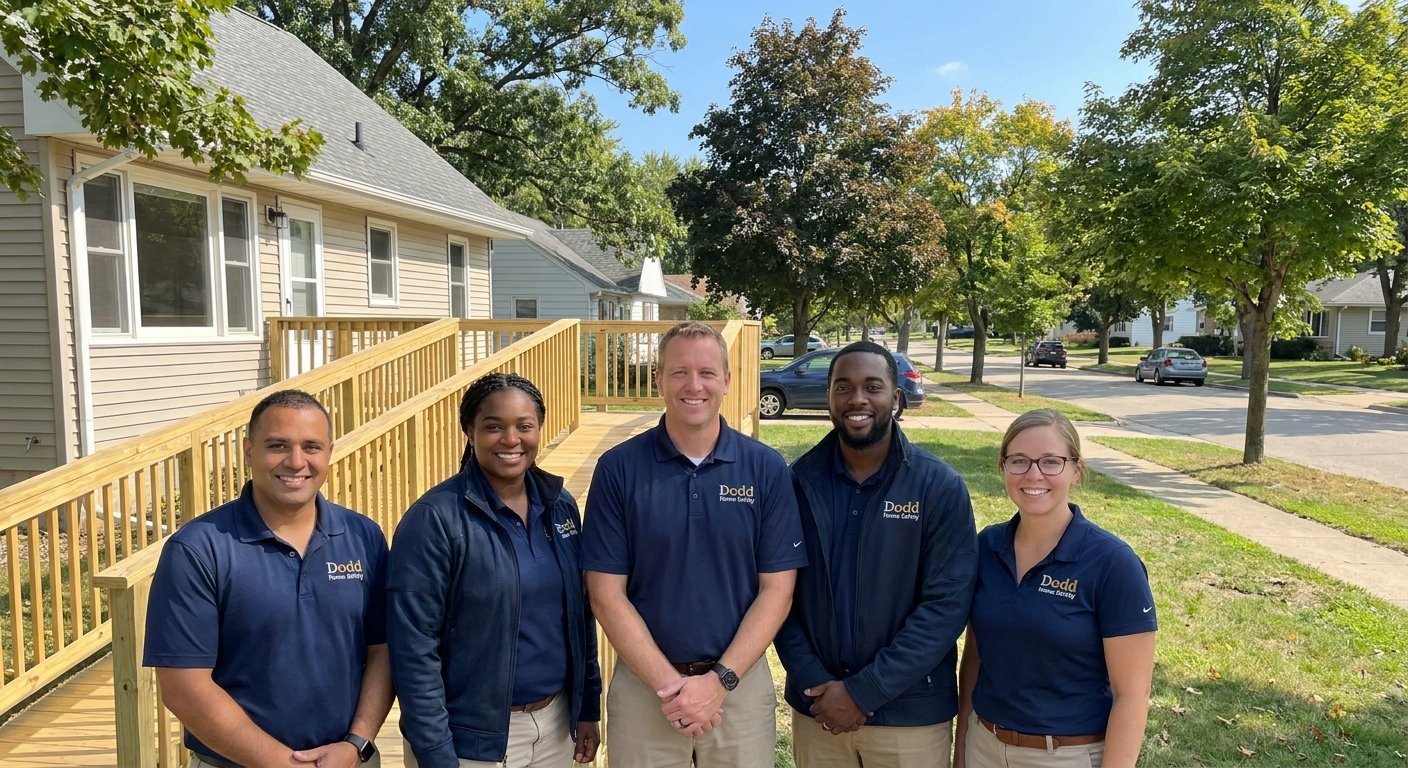 Dodd Home Safety team standing in front of a completed wheelchair ramp installation at a residential home in Kimberly, WI