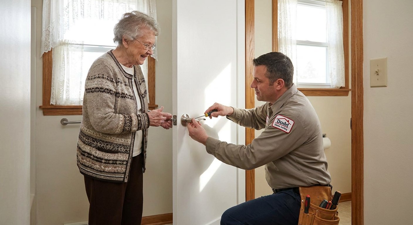 Dodd Home Safety installer showing an elderly woman how to use a new lever handle on a bathroom door in Kimberly WI