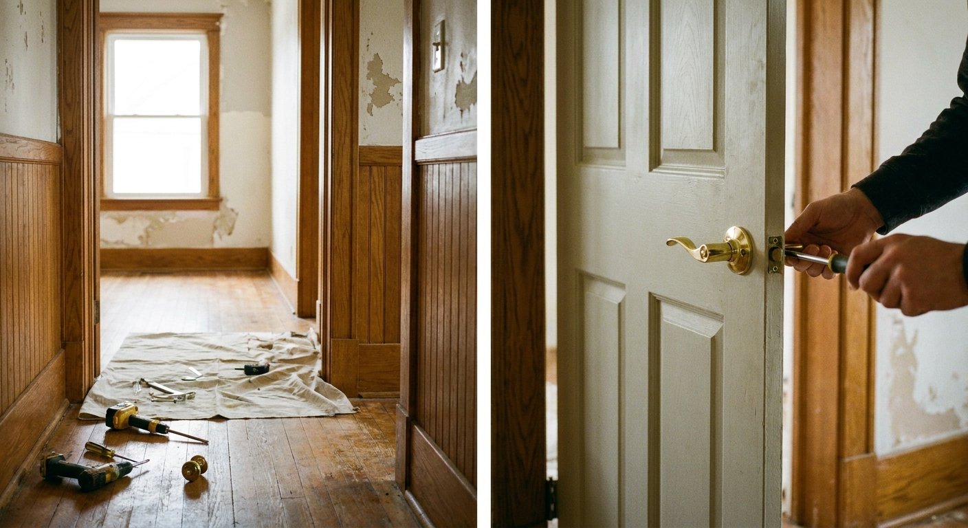 Lever handle installation replacing original round door knob in an older home in Kimberly WI neighborhood