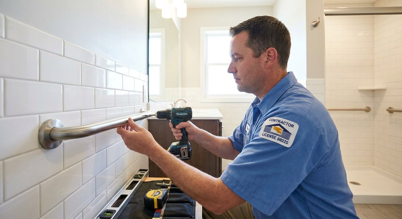 Licensed contractor installing a grab bar for fall prevention during a home safety modification in Kimberly, WI