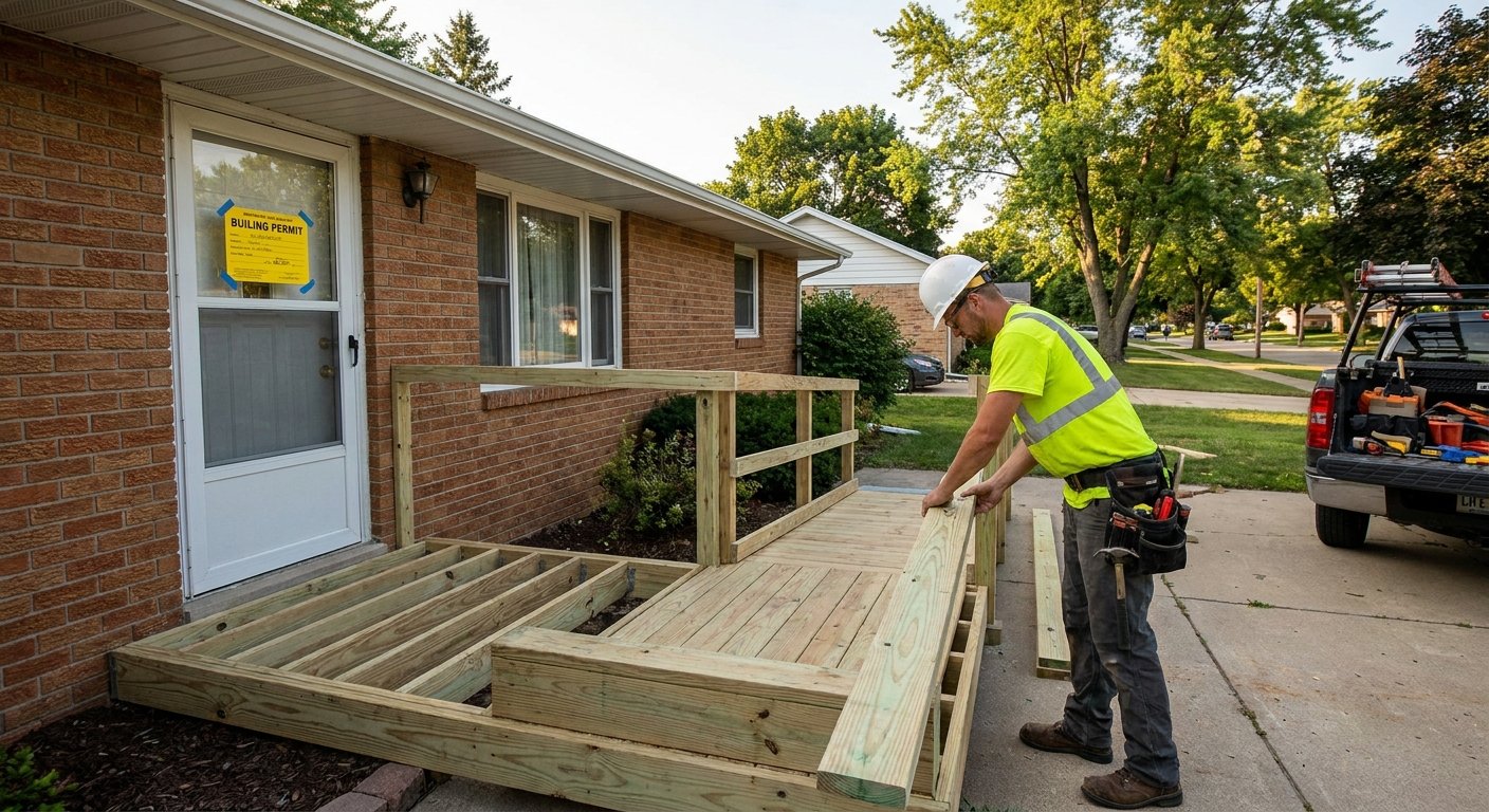 Licensed contractor building an exterior entry ramp on a Kimberly WI ranch home — Dodd Home Safety aging-in-place modification