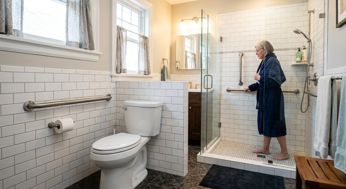 Professionally installed grab bars in a Kimberly WI senior bathroom by Dodd Home Safety mobility equipment supplier
