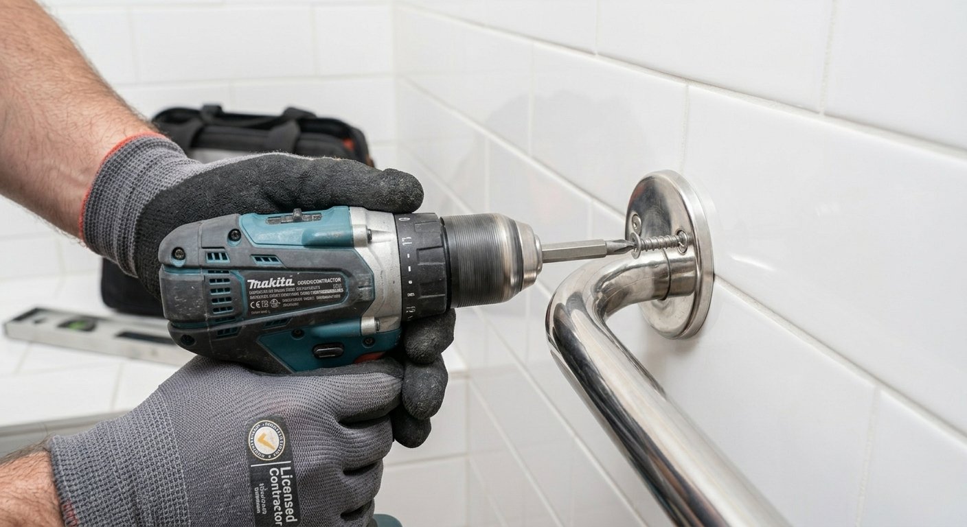Close-up of grab bar being anchored into wall studs during professional installation in Kimberly, WI