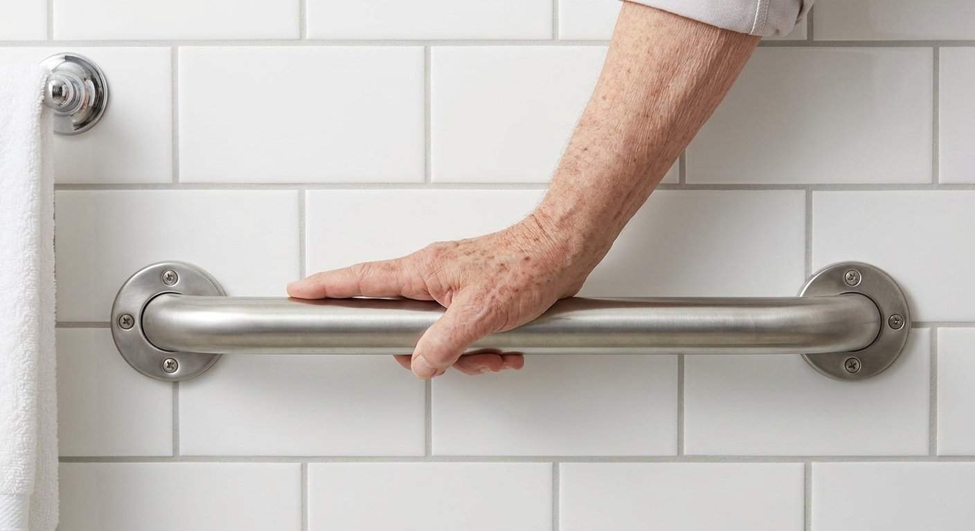 Properly installed grab bar in a tiled shower in a Kimberly, WI senior home as part of senior home modifications recommended after a fall prevention assessment