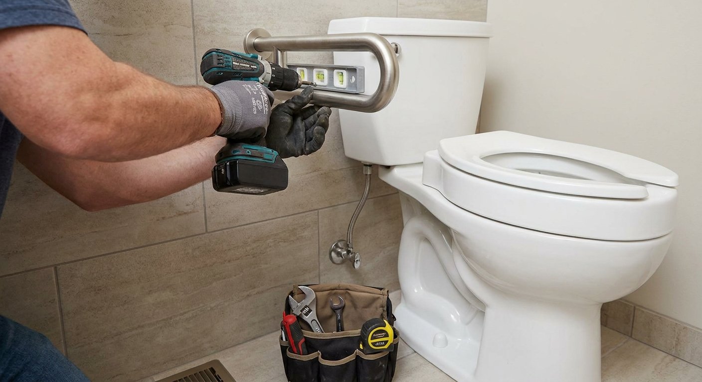 Licensed contractor installing grab bar next to ADA compliant toilet in Kimberly WI bathroom