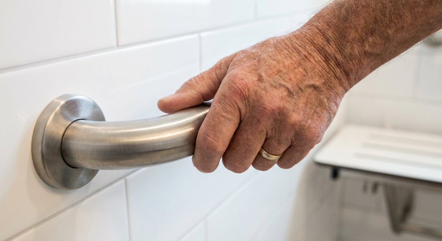 Veteran using a grab bar in an accessible bathroom modified by Dodd Home Safety in Kimberly, WI