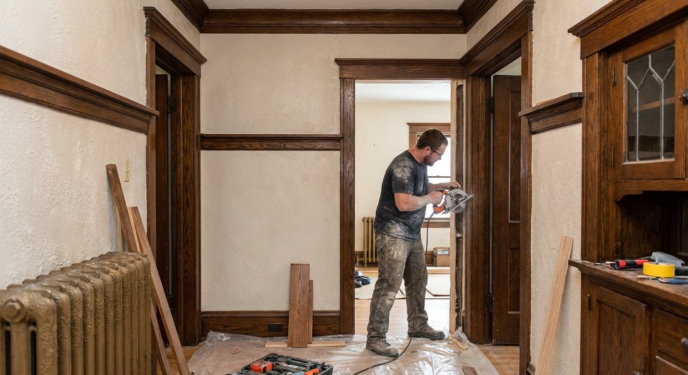 Contractor widening a doorway for wheelchair access in an older home near Kimberly, WI