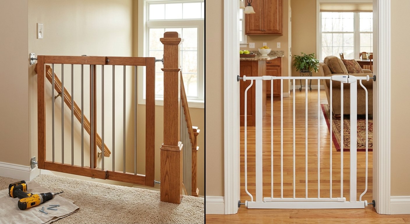 Hardware-mounted and pressure-mounted safety gate options installed in a Kimberly, WI home by Dodd Home Safety