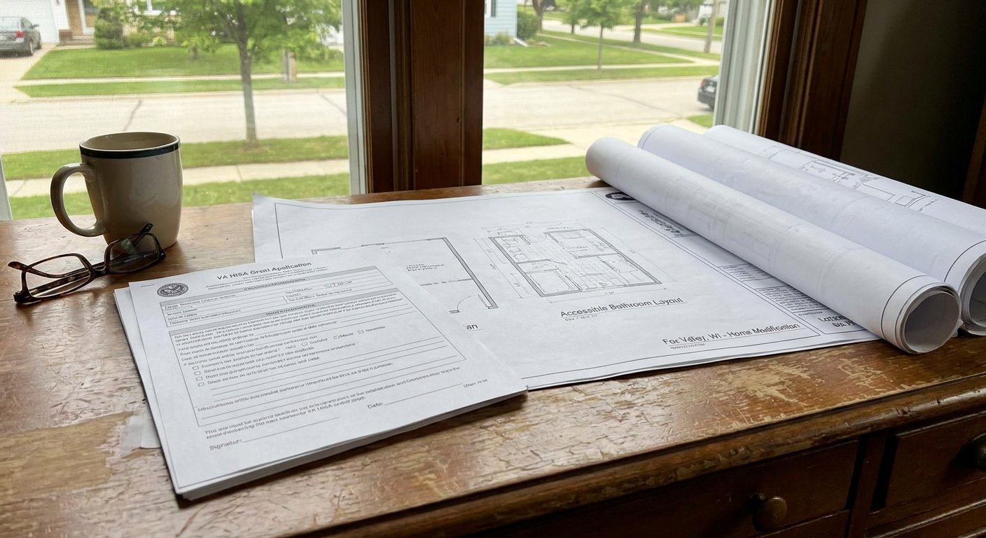 VA HISA grant application and home modification blueprints reviewed by contractors in Kimberly, WI