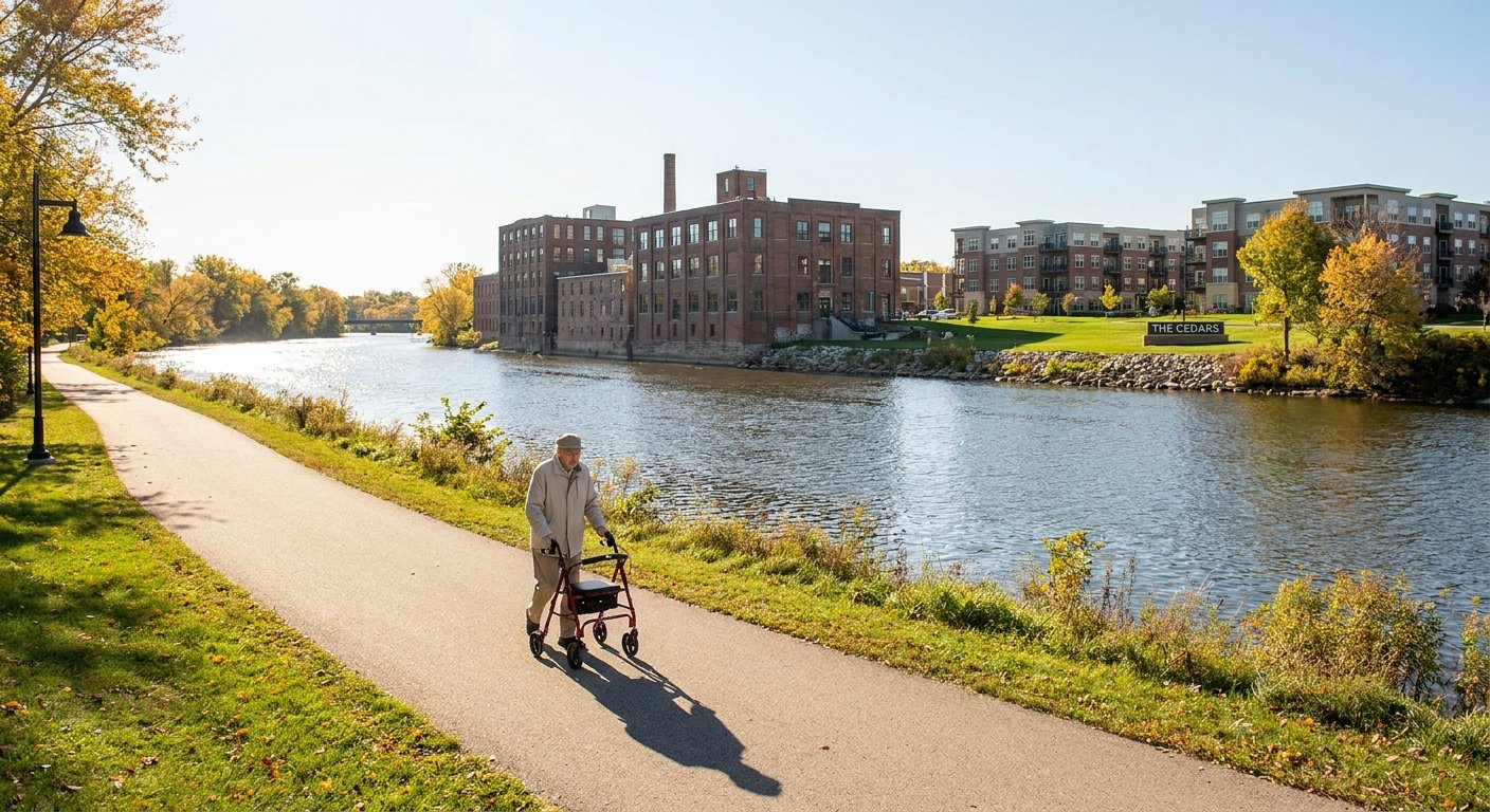Senior using rollator walker near The Cedars Fox River corridor in Kimberly WI after home accessibility modifications