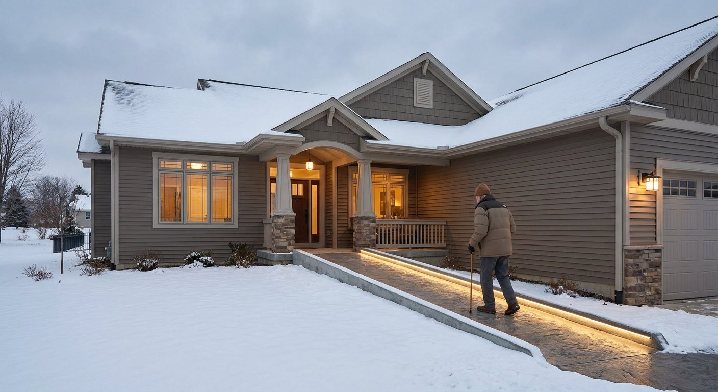 Non-slip zero-step entry modification on a Kimberly, WI home in winter for senior fall prevention