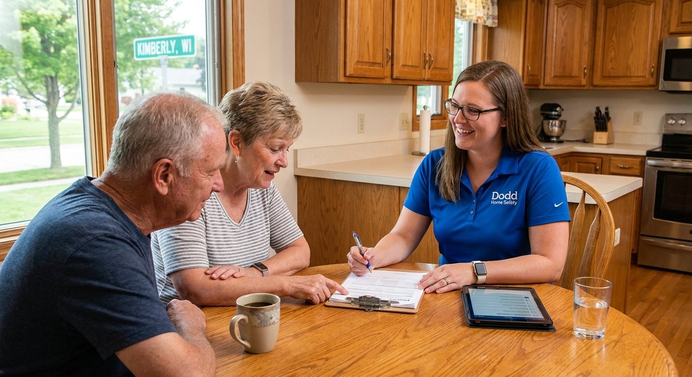 Dodd Home Safety consultant reviewing home safety assessment cost and insurance options with a senior couple in Kimberly, WI