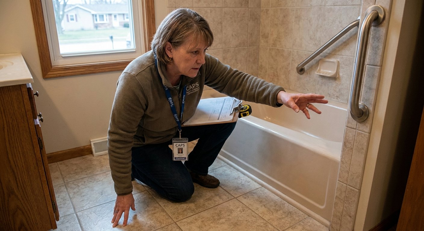 Certified aging-in-place specialist evaluating bathroom safety hazards during a home safety evaluation near Kimberly, WI